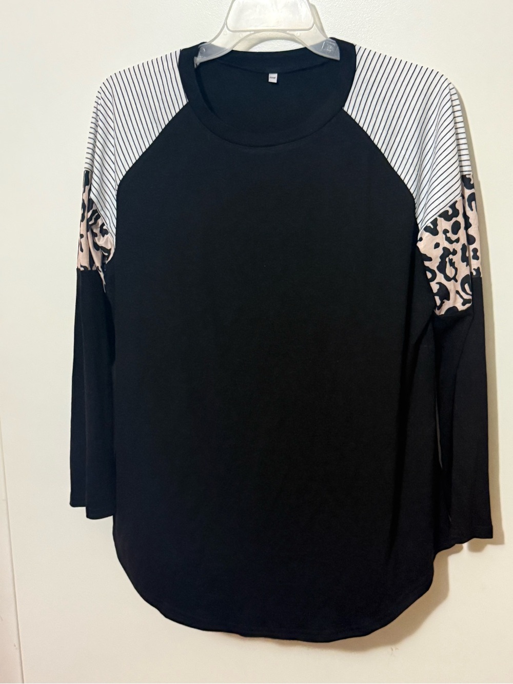 Women's Black Raglan Top with Striped Shoulders and Leopard Accent